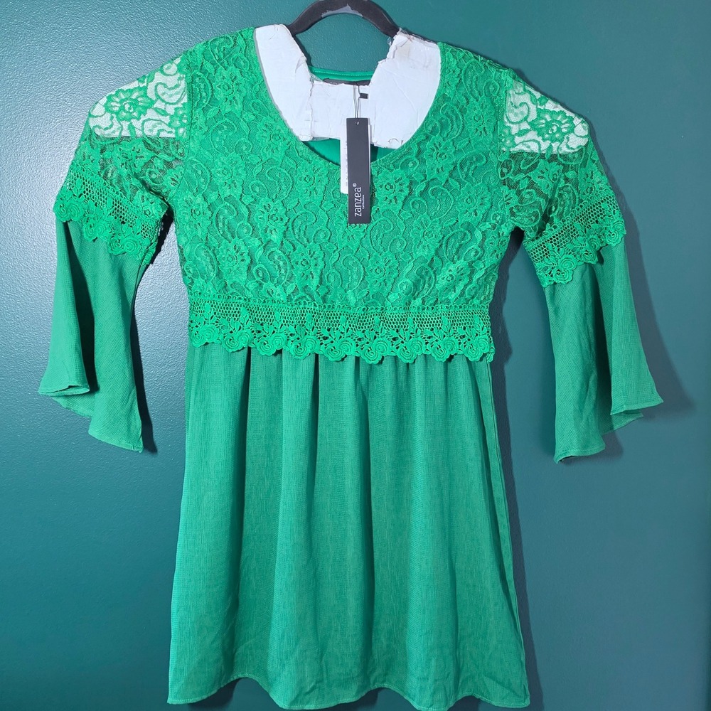 Zanzea Collection Green Lace Bell Sleeve Empire Waist Mini Dress Large NWT